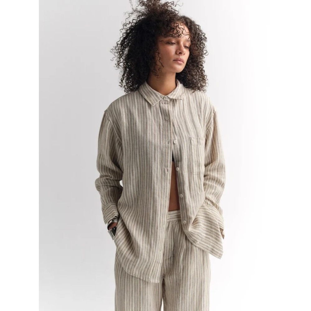 MATE the Label Organic Linen Striped Oversized Button Down Tan Small New W/ Tags